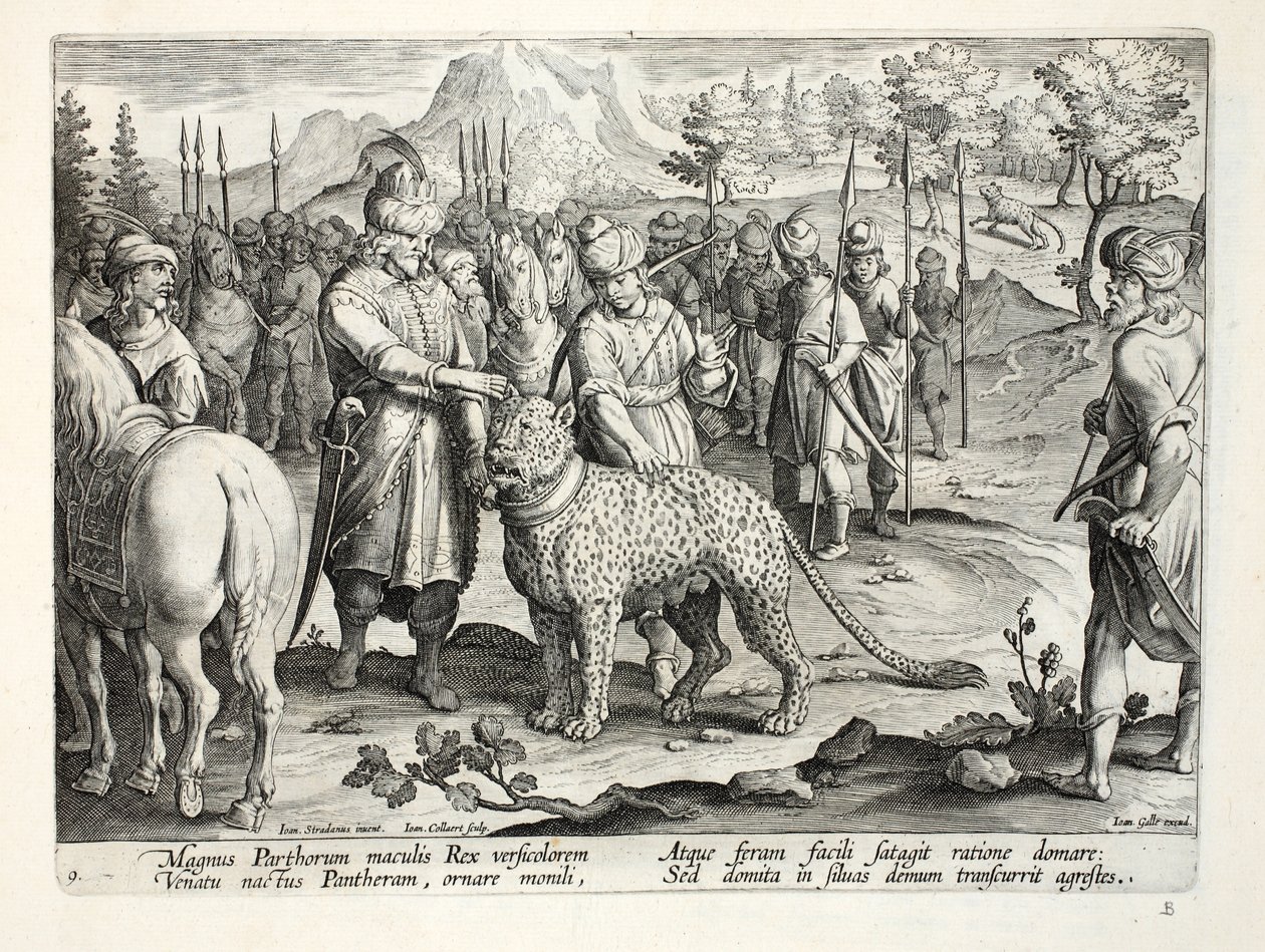 De Grote Koning van de Parthen jaagt met zijn tamme panters, illustratie uit 