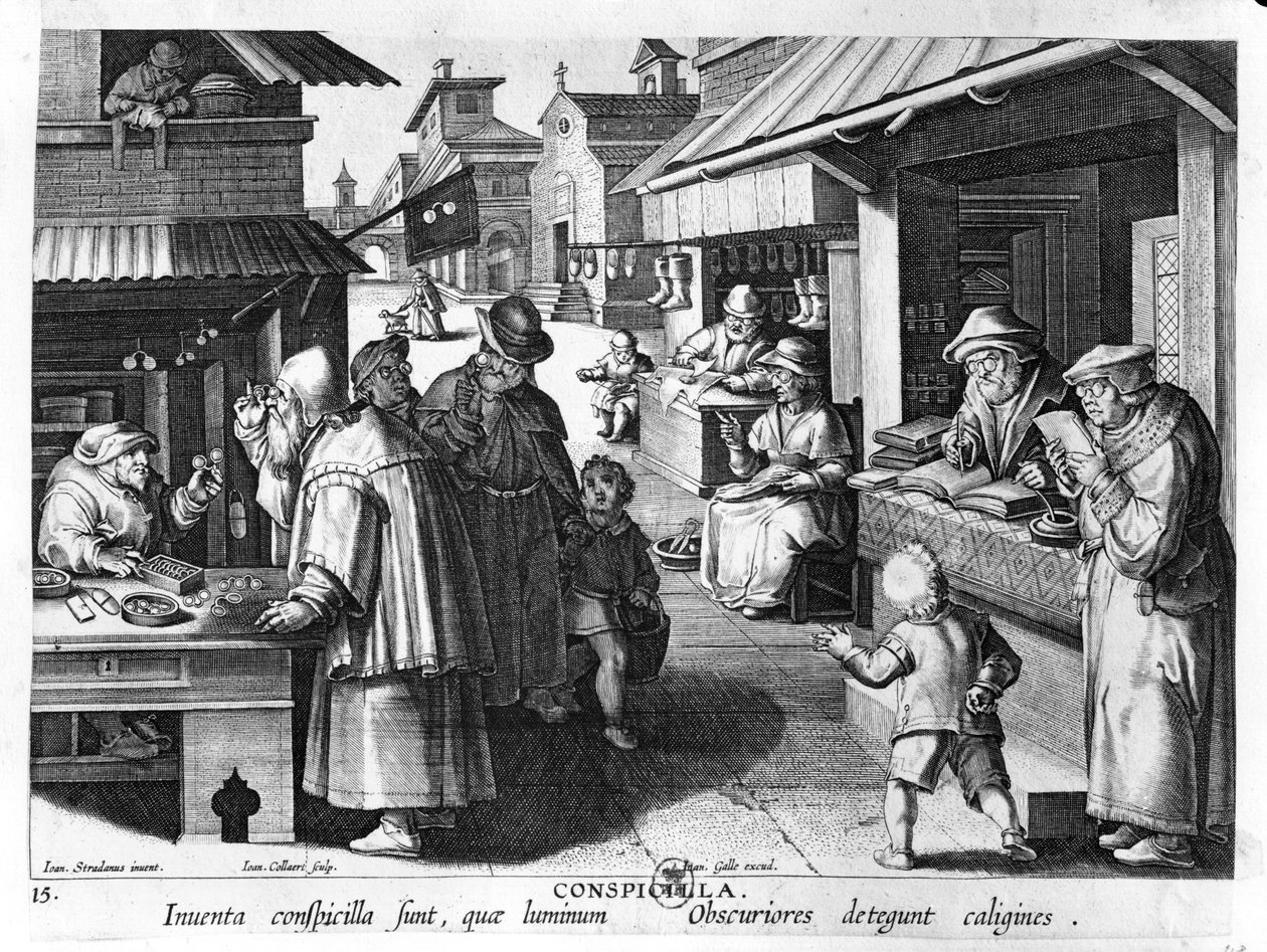 De brillenverkoper, gegraveerd door Jan Collaert en Joan Galle (1600-76) door Jan van der Straet