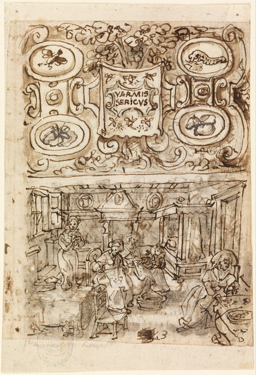 Titelpagina voor Sericultuurserie (Vermis Sericus) door Jan van der Straet