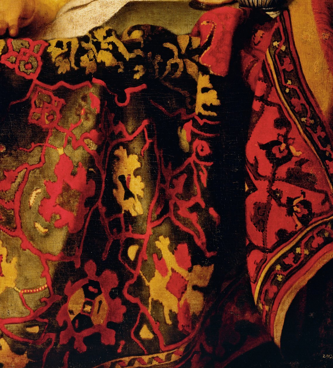 Geborduurde jurk, detail van De koppelaarster door Jan (attr. to) Vermeer