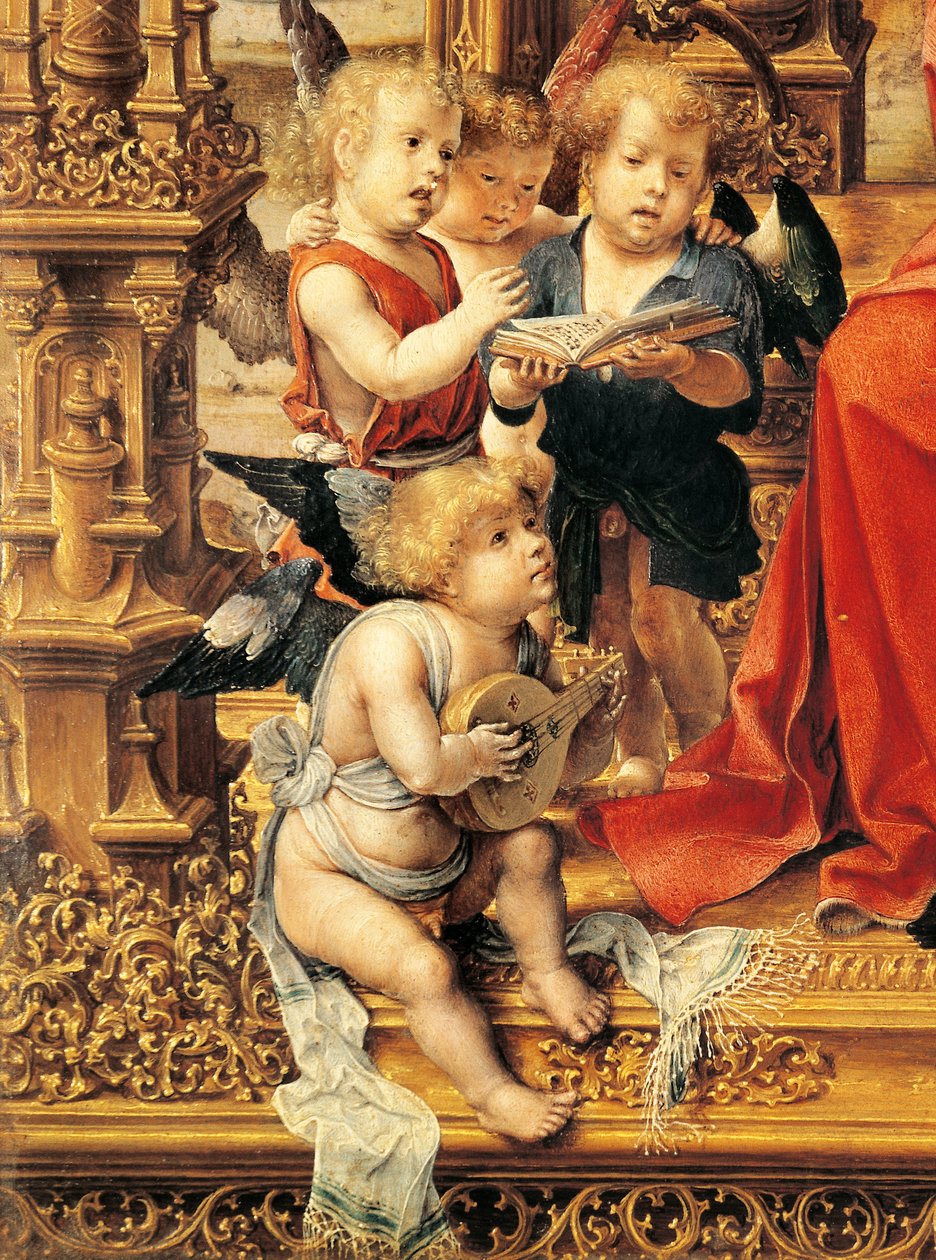 Engelen die muziekinstrumenten bespelen, detail van centraal paneel van Malvern drieluik door Jan (c.1472-c.1533) Gossaert