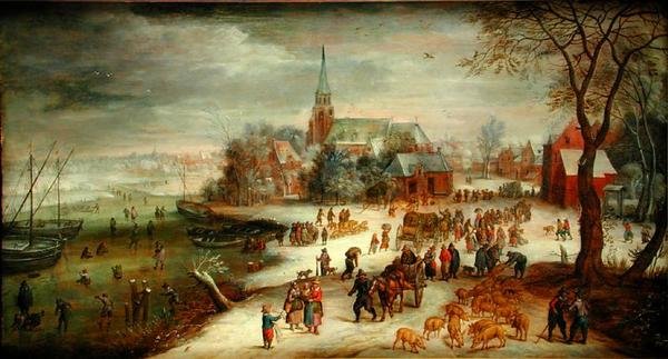 Een uitzicht op Shelle en de rivier de Schelde in de winter met een markt en schaatsers door Jan (follower of) Brueghel
