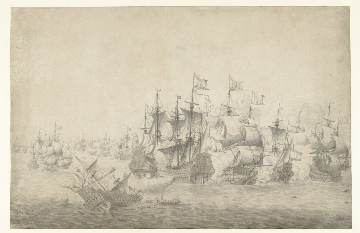 Een zeeslag, mogelijk bij Lowestoft op 13 juni 1665 (linkerblad) door Jan Abrahamsz. Beerstraten (possibly)