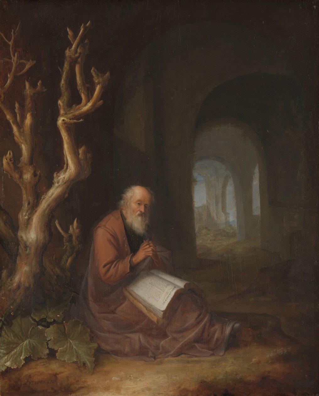 Een Kluizenaar die Bidt in een Ruïne door Jan Adriaensz. van Staveren