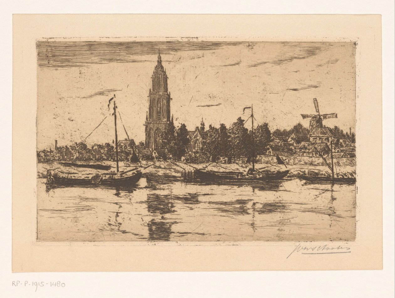 Gezicht op Rhenen door Jan Antonius van Schooten (signed by artist)