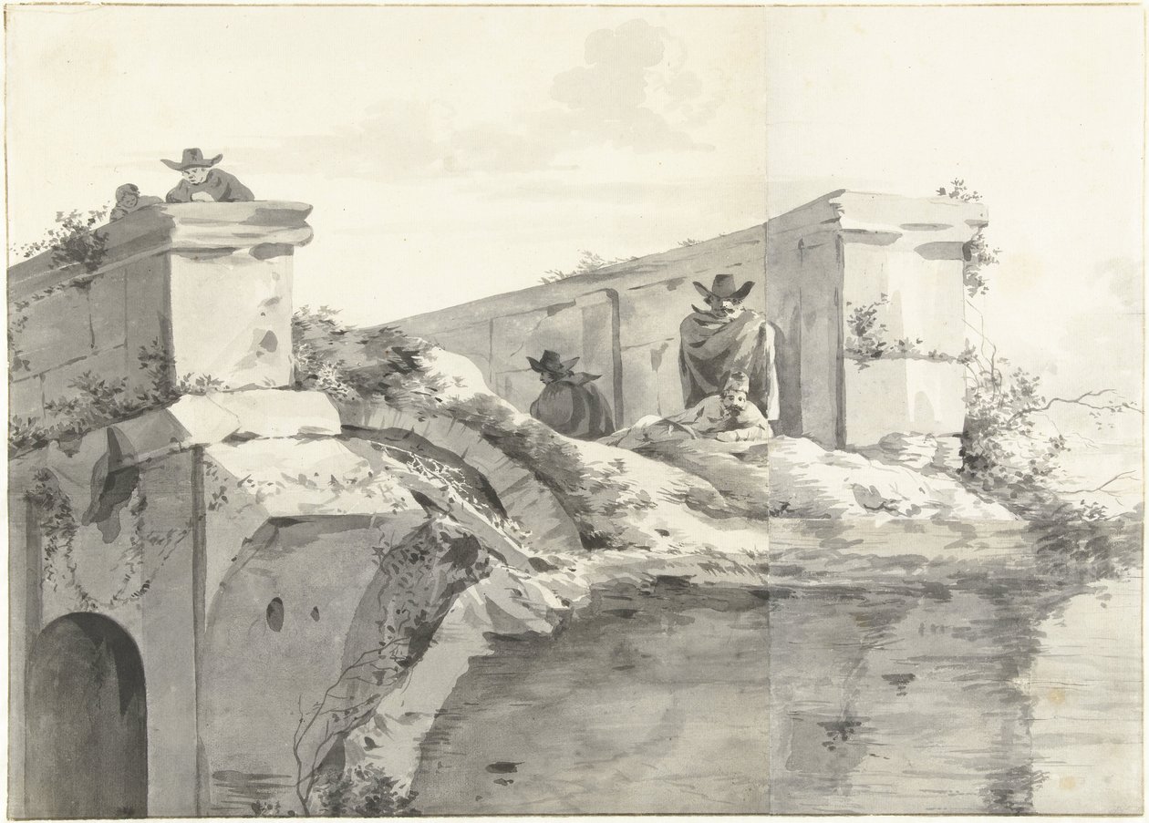 Gezicht op de rand van de Ponte Rotto in Rome door Jan Asselijn (copy after)