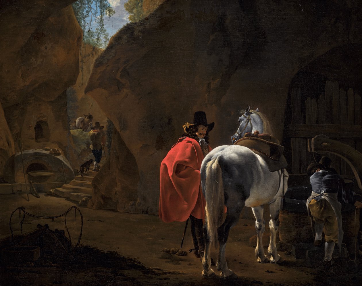 Een heer met een grijs paard in een spelonkachtig landschap door Jan Asselijn