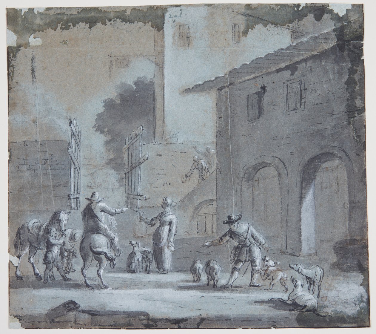Byscene met een open poort, figuren en dieren door Jan Asselijn