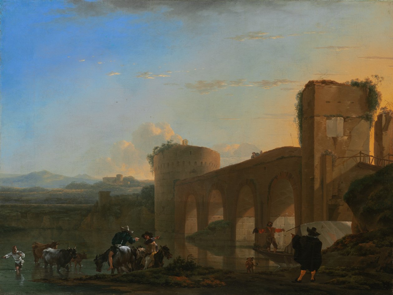 De Tiber met de Ponte Molle bij zonsondergang door Jan Asselijn
