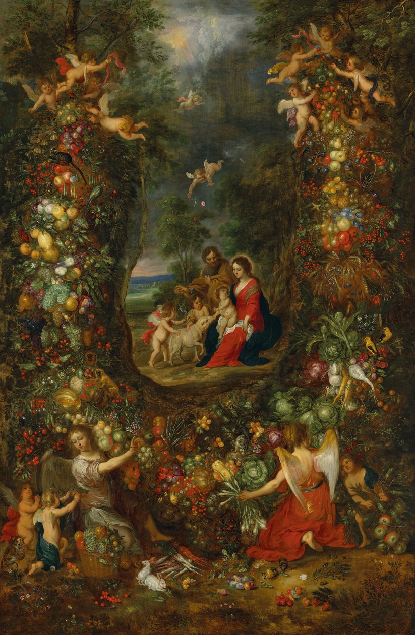 De Heilige Familie omringd door een vruchtenslinger ondersteund door putti (olieverf op paneel) door Jan & Balen Hendrik van (1575-1632) Brueghel