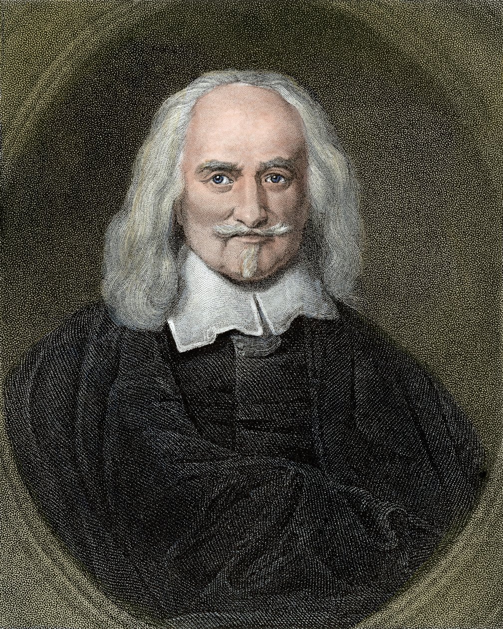 Portret van Thomas Hobbes (1588-1679) Engelse filosoof. 19e-eeuwse kleuren gravure door Jan Baptist (after) Jaspers