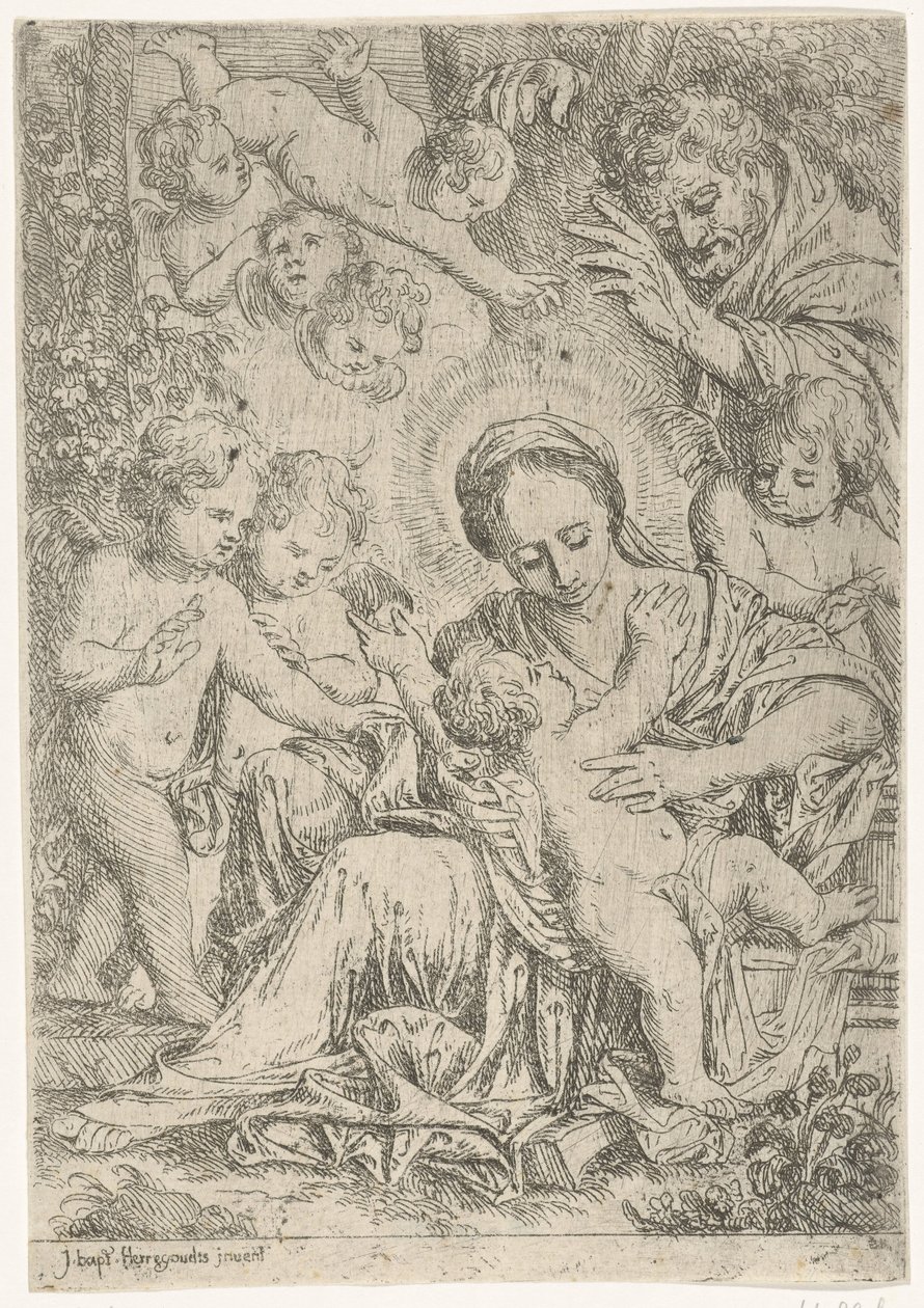 De Heilige Familie met engelen door Jan Baptist Herregouts
