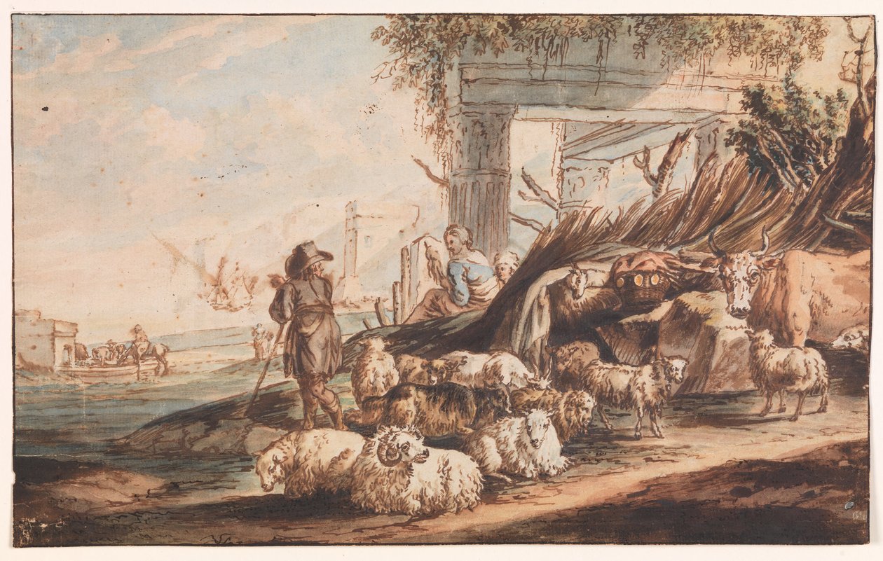 Herder met een kudde schapen en een koe tussen ruïnes door Jan Baptist Weenix