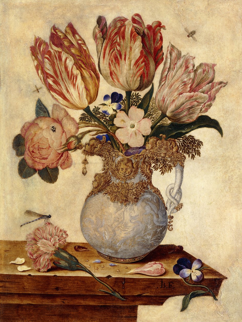 Tulpen, vergeet-mij-nietjes, pioenen en andere bloemen in een vaas op een rand door Jan Baptist van Fornenburgh