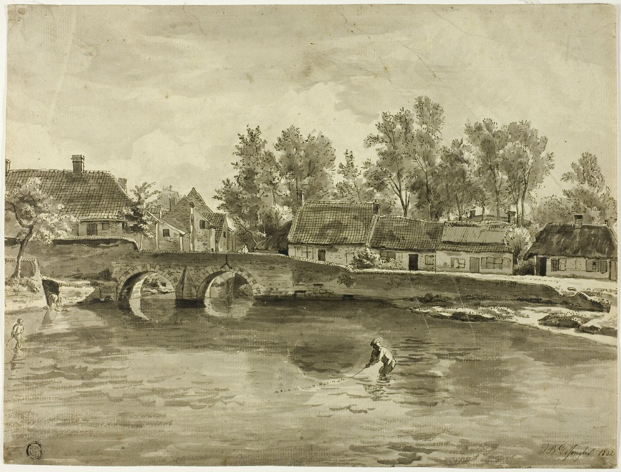 Man Vist in Rivier Nabij Dorp door Jan Baptiste de Jonghe
