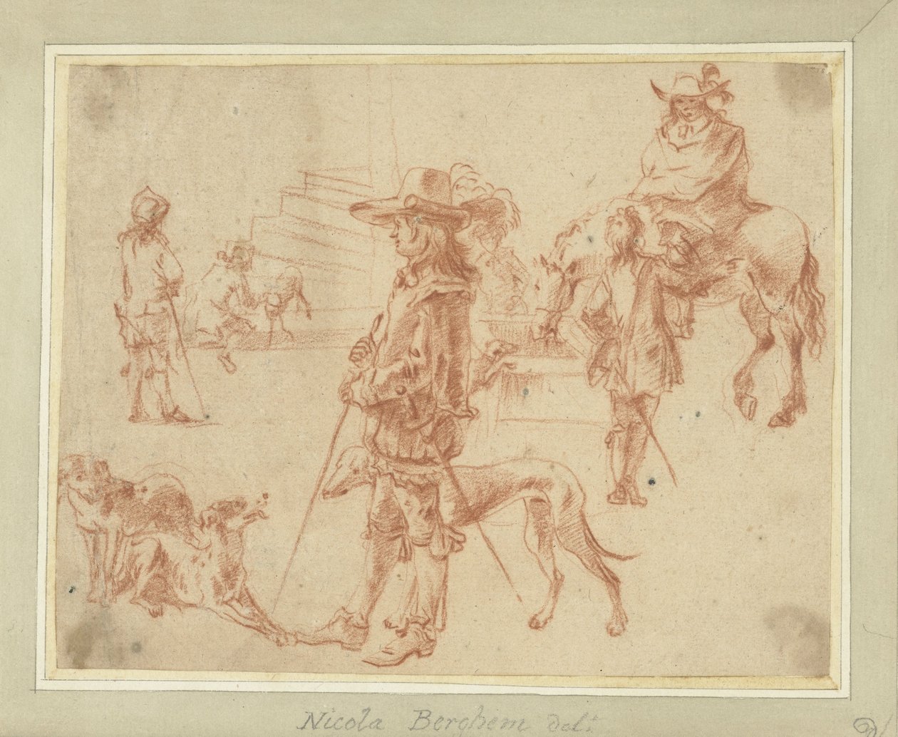 Blad met studies van jagers, paarden en honden door Jan Blom