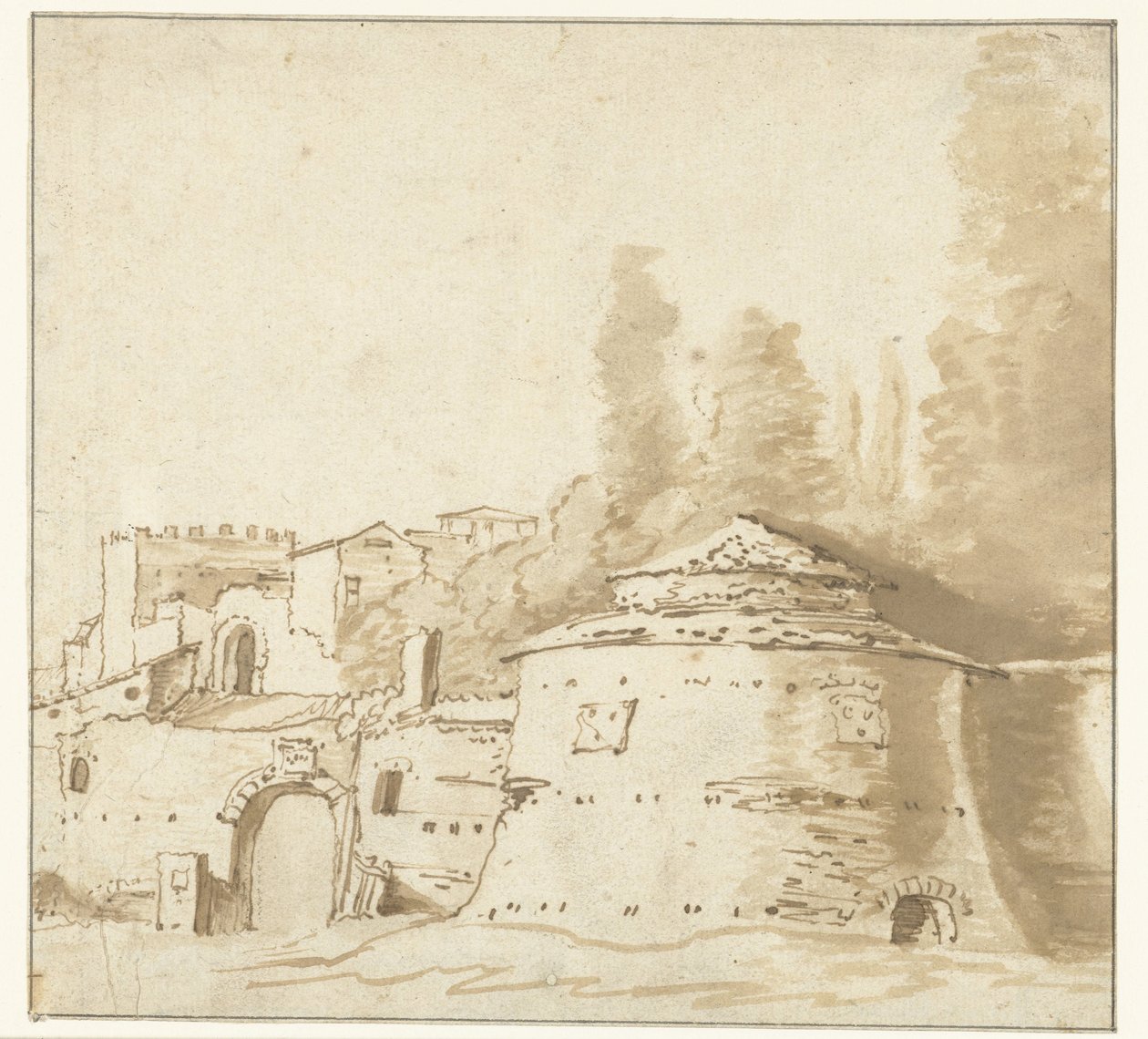 Italiaans gebouw met zware ronde toren door Jan Both (attributed to)
