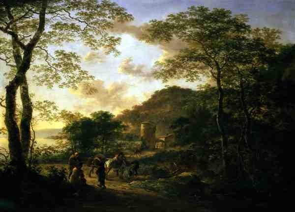 Italiaans bebost landschap met toren door Jan Both
