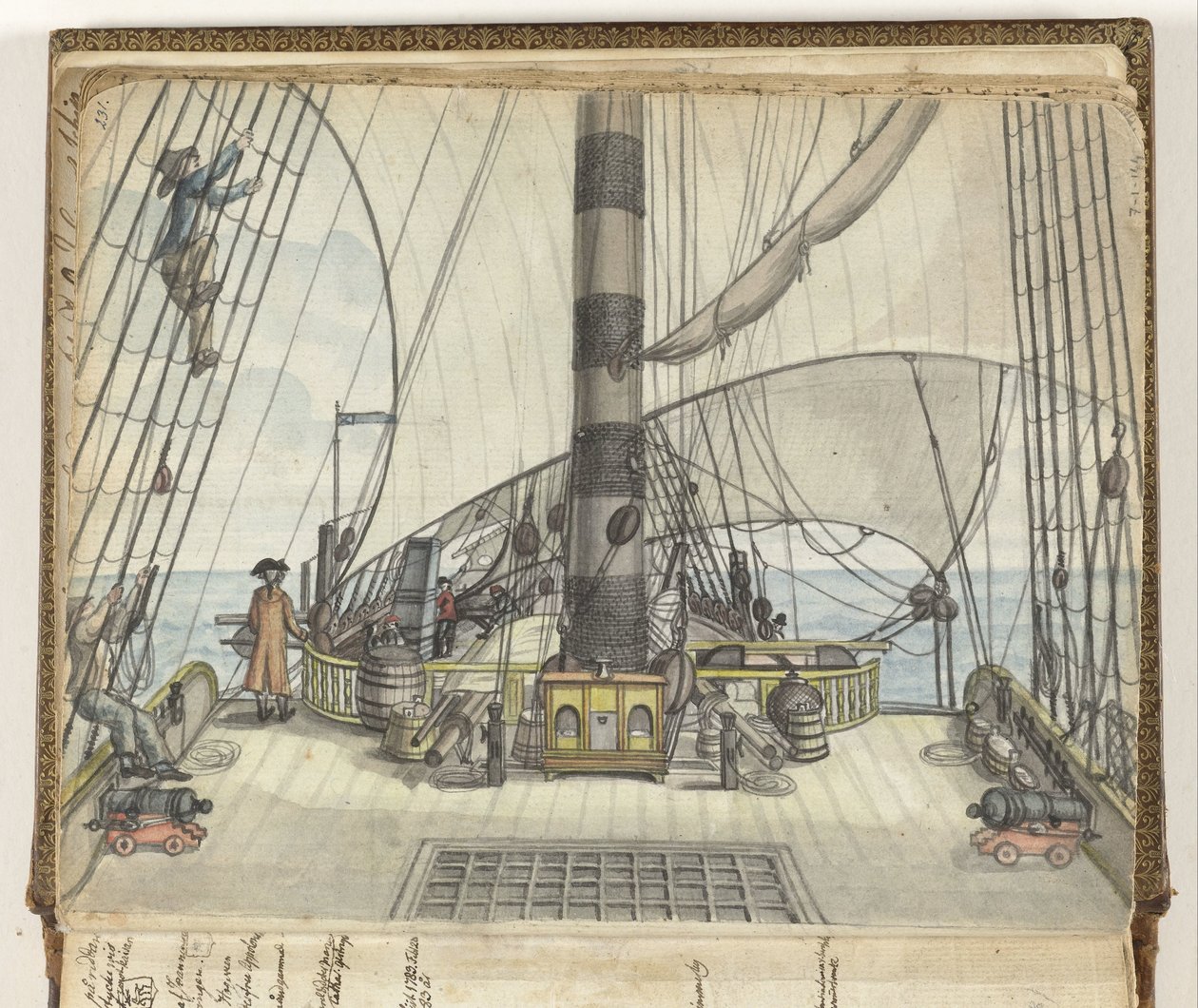 Dekzicht van een VOC-schip naar de grote mast door Jan Brandes