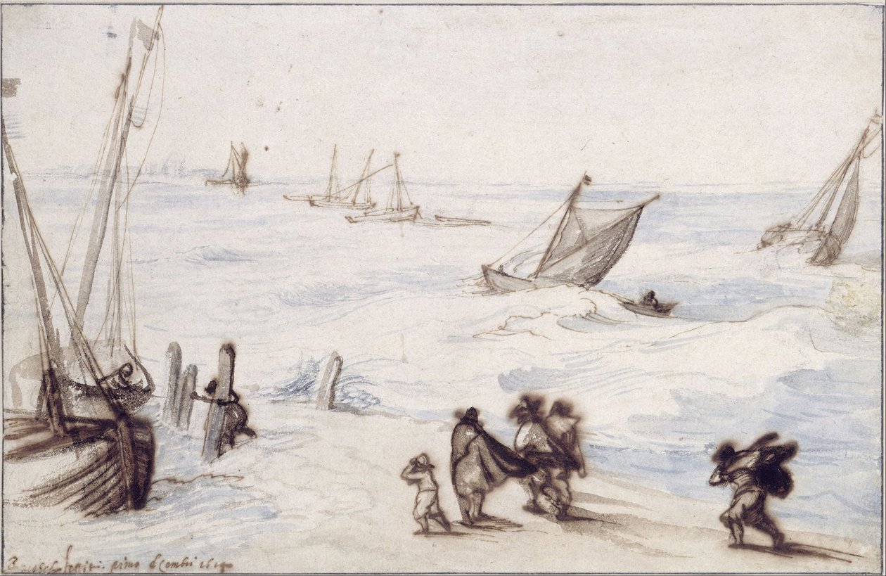 Strand met zeilboten en stormachtige zee door Jan Brueghel the Elder