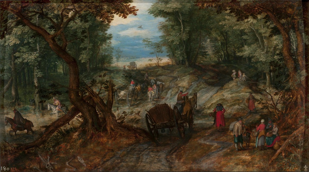 Bos met karren die een beek oversteken en ruiters door Jan Brueghel the Elder