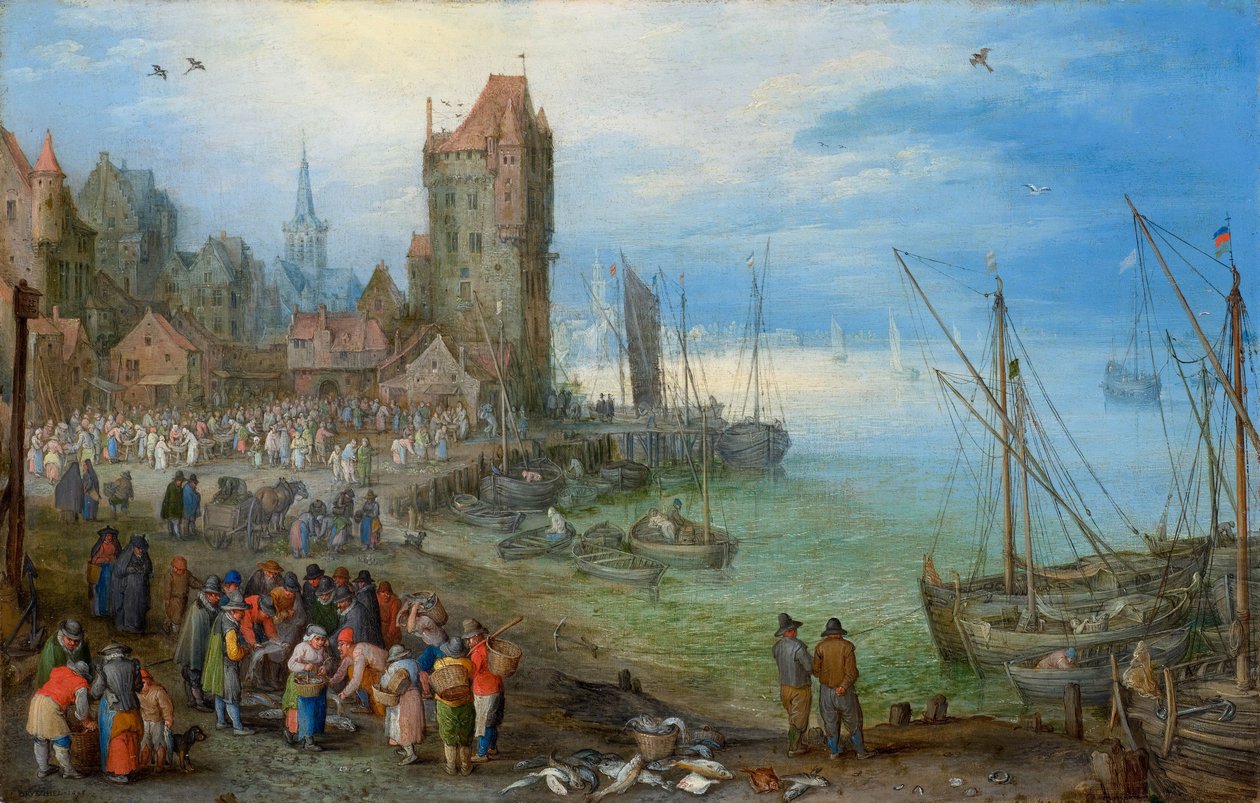 Havenscène met vismarkt door Jan Brueghel the Elder
