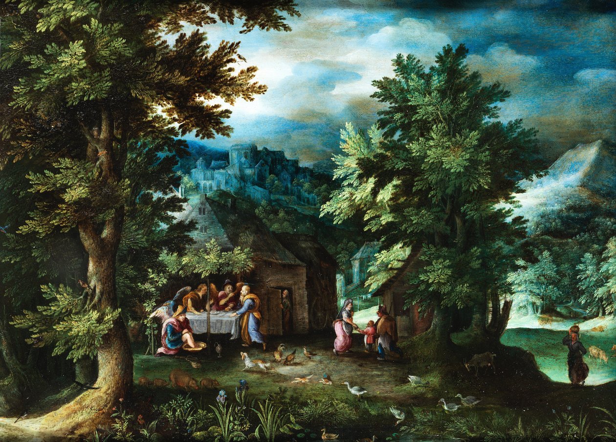 Jan Brueghel (I) Abraham en de engelen bij Mamre door Jan Brueghel the Elder
