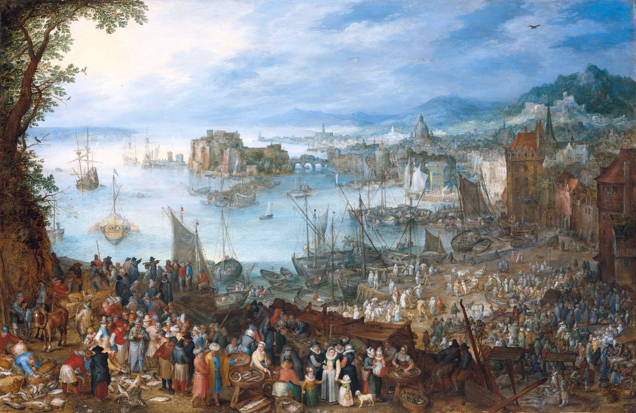 Grote vismarkt door Jan Brueghel the Elder
