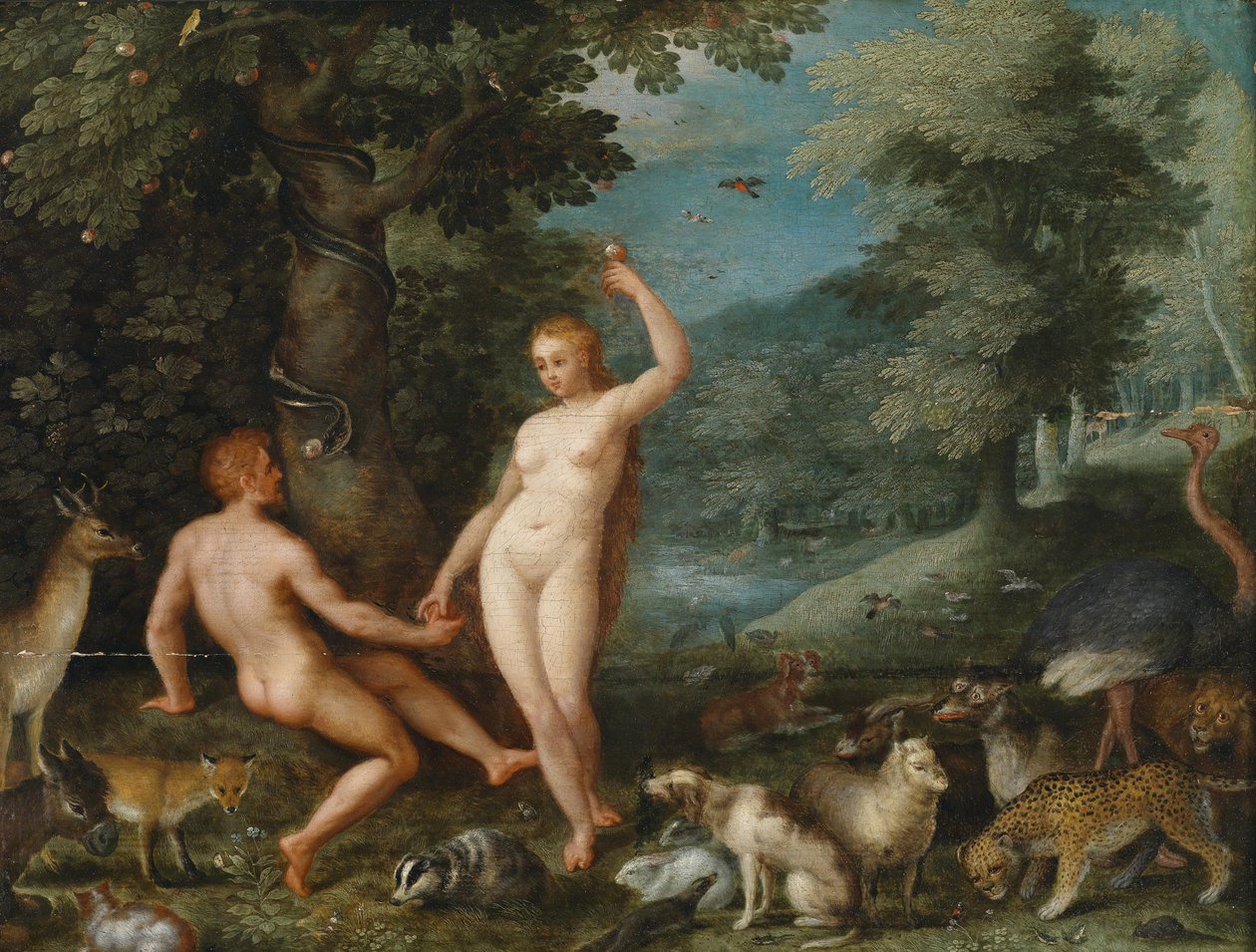 Paradijslandschap met Eva die Adam Verleidt door Jan Brueghel the Younger