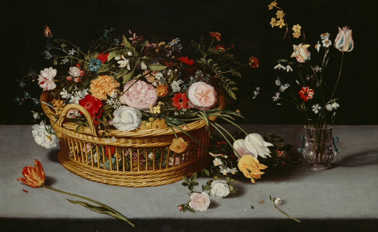 Stilleven met mand en vaas met bloemen door Jan Brueghel the Younger