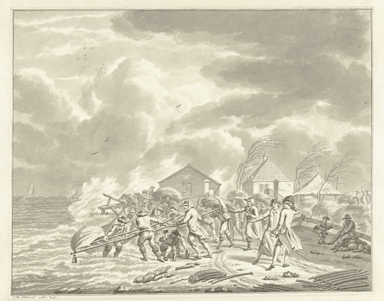 De overstroming van de Diemerzeedijk bij Amsterdam, 1776 door Jan Bulthuis (signed by artist)