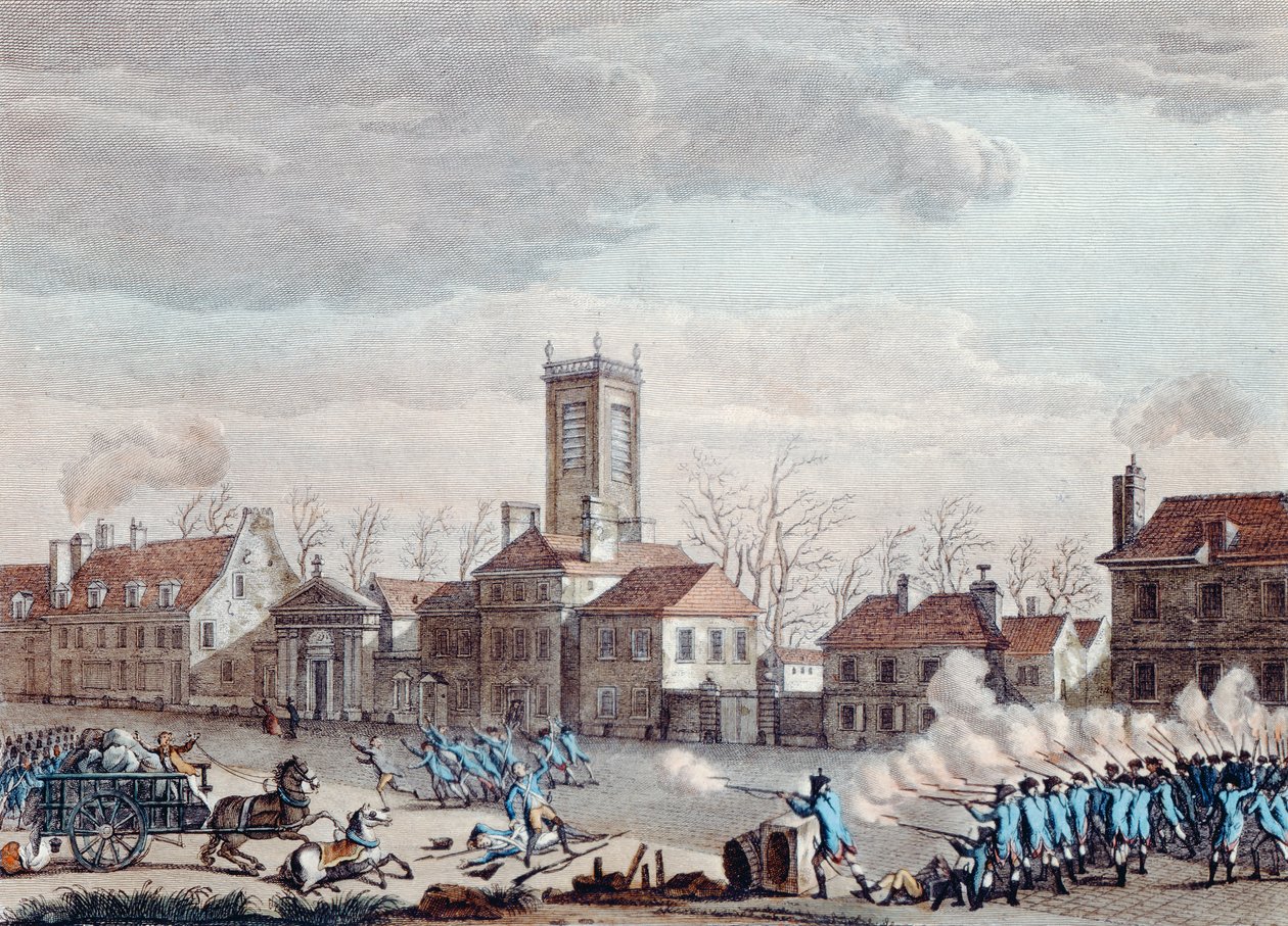 Slag voor de Eglise de la Chapelle, Parijs, tussen de bewakers van de barrières van de Fermiers Generaux en de revolutionairen op 24 januari 1791, ca.1795 door Jan Bulthuis