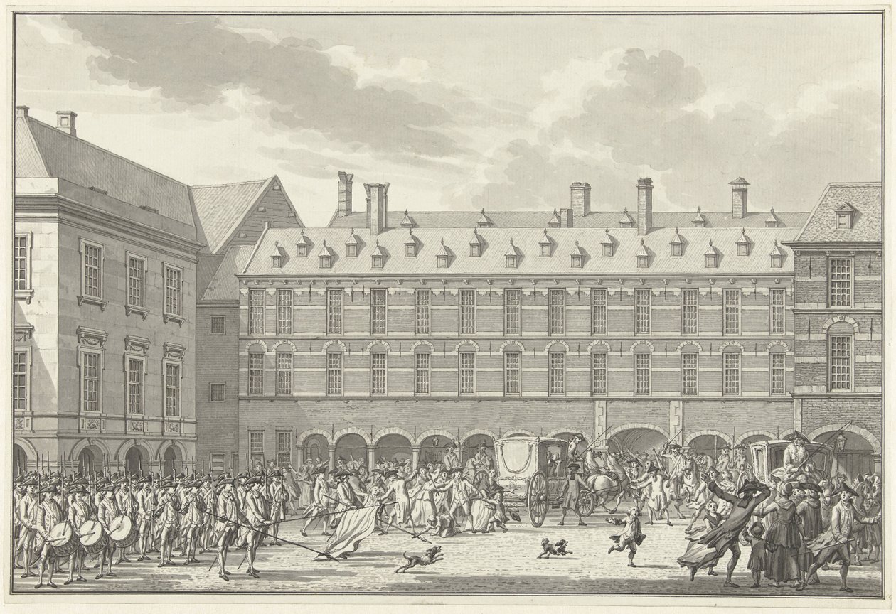 Ongeregeldheden als de Gedeputeerden van Dordrecht door de Stadhouderspoort rijden op het Binnenhof, 1786 door Jan Bulthuis