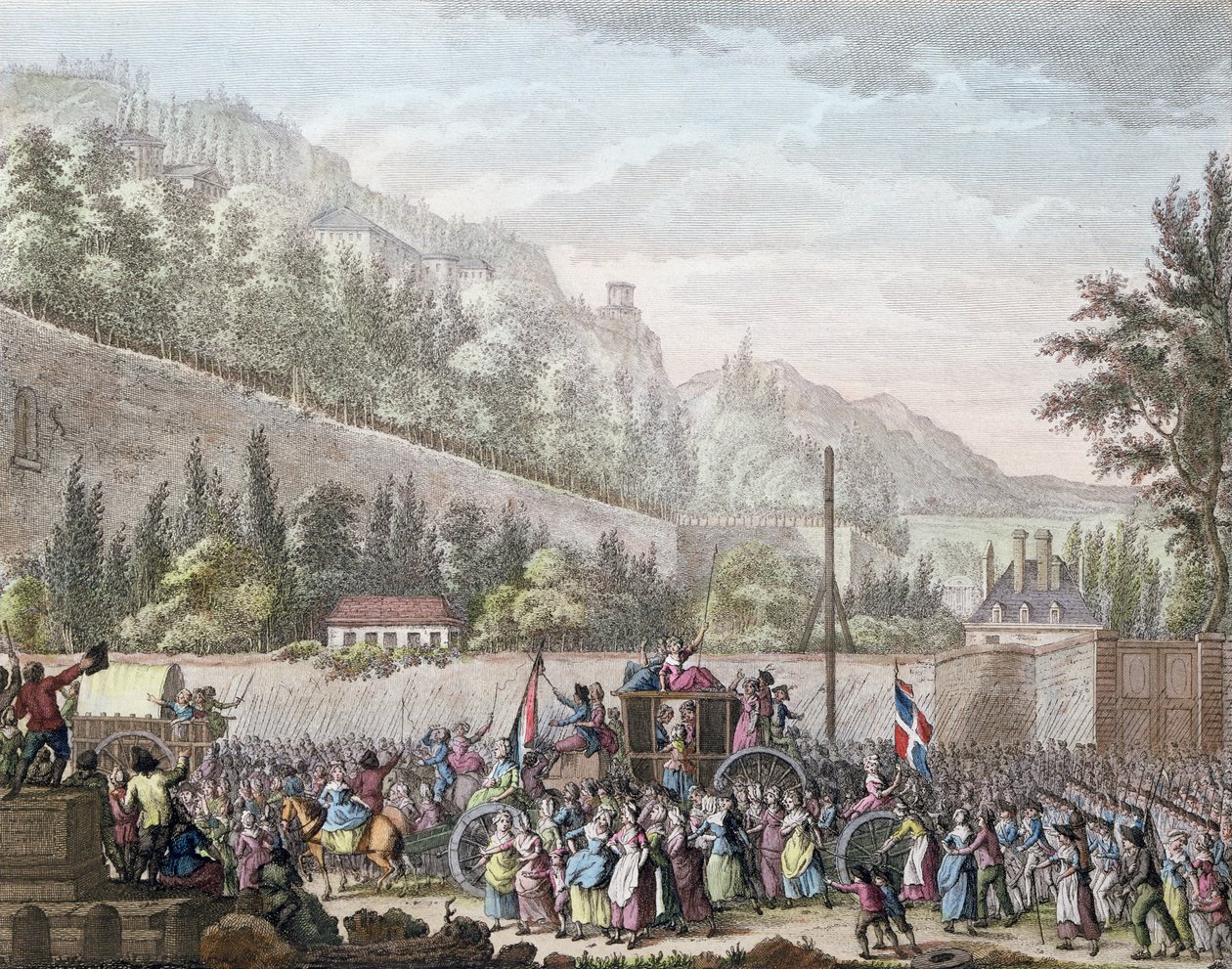 De vrouwen van Les Halles in Auteuil toen ze de Franse koninklijke familie naar Parijs brachten vanuit Versailles op 6 oktober 1789, 1796 door Jan Bulthuis
