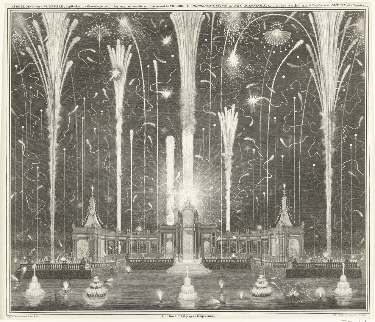 Vuurwerk te Den Haag voor de Vrede van Aken, 1749 door Jan Caspar Philips