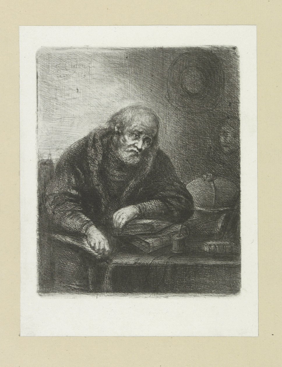 Oude man aan zijn bureau door Jan Chalon