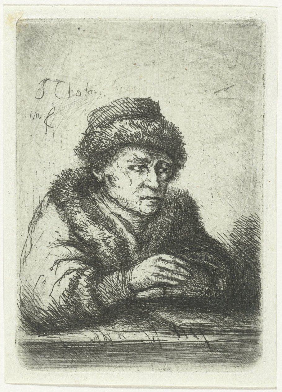 Volwassen man aan een tafel, in bontmantel door Jan Chalon