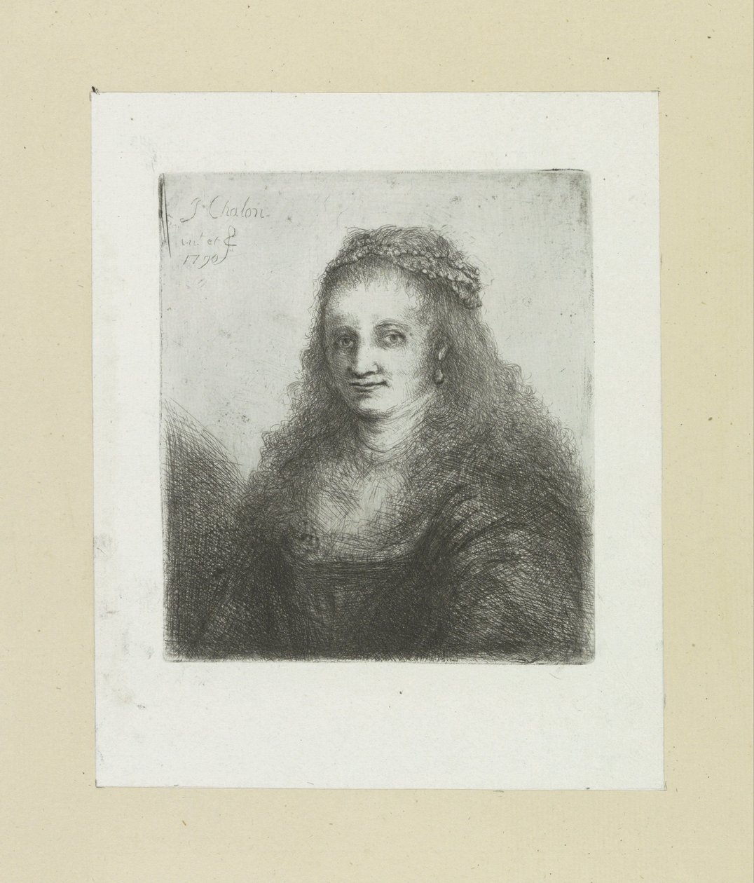 Vrouw met een parelsnoer in het haar door Jan Chalon