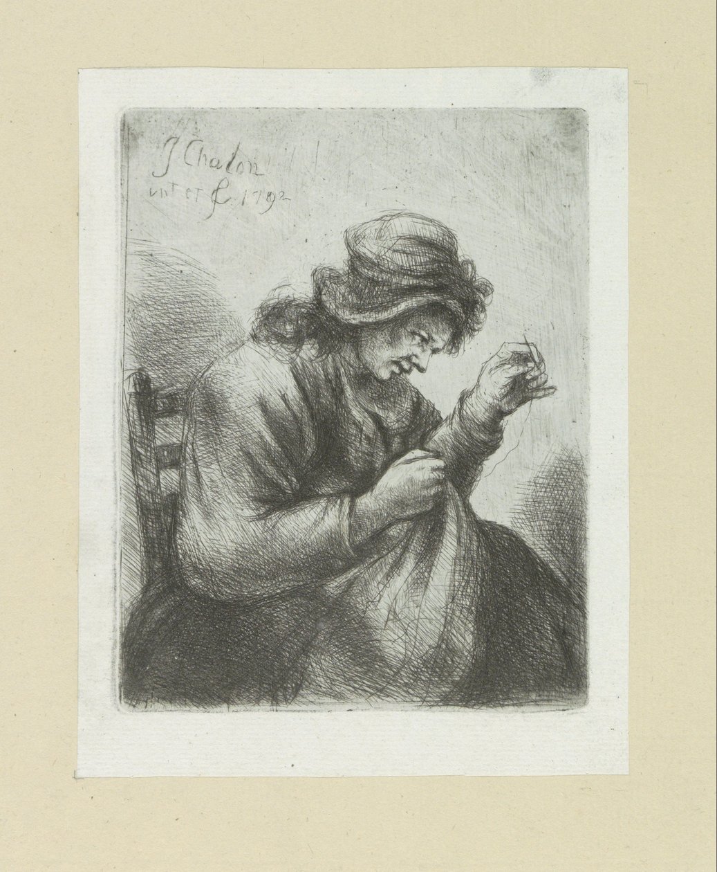 Vrouw met naald en draad door Jan Chalon