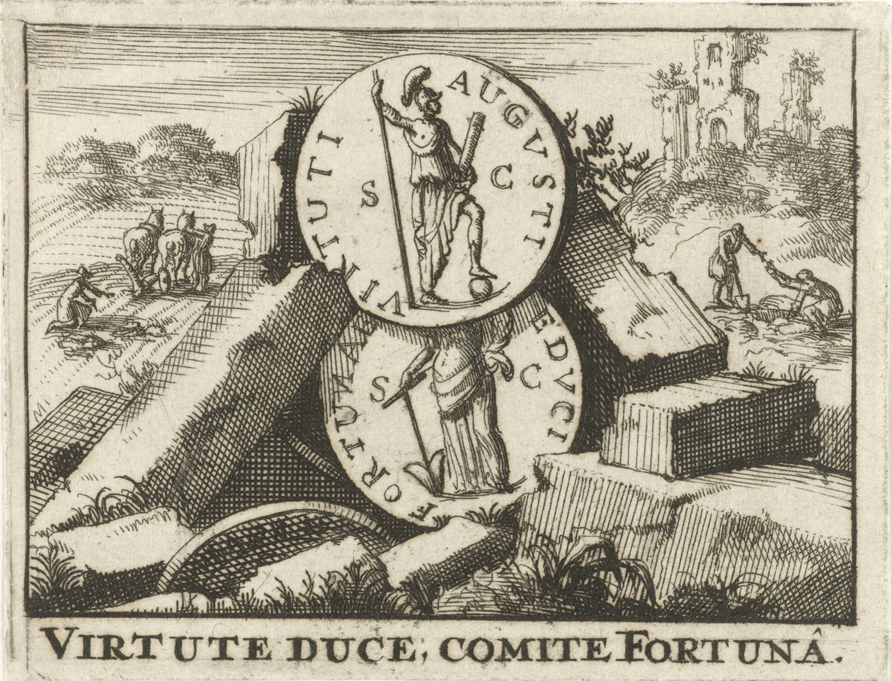Romeinse munten steunend op een hoop stenen door Jan Claesz ten Hoorn