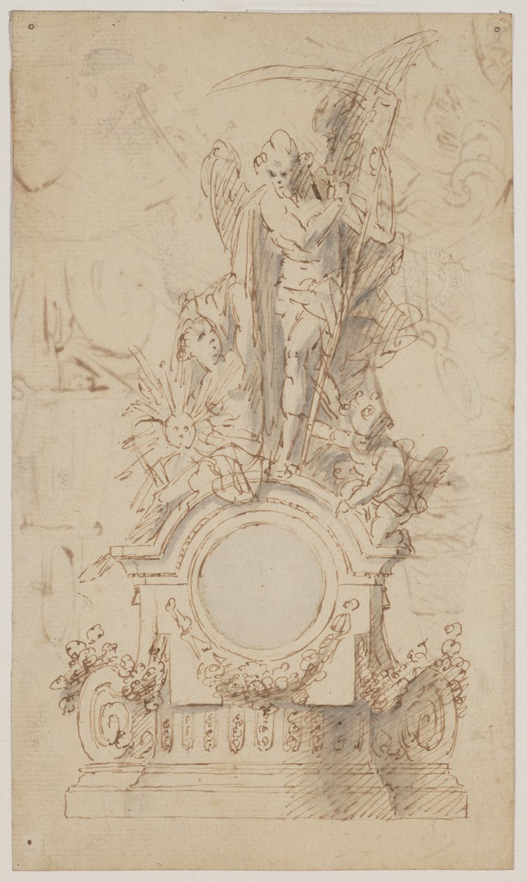 Ontwerp voor een decoratieve klok met Saturnus en engelen door Jan Claudius de Cock