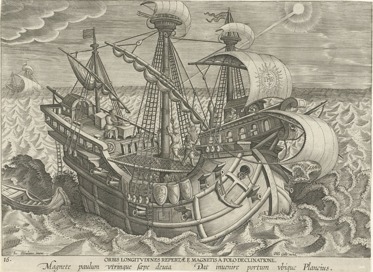 Bepalen van de lengtegraad door middel van een kompas door Jan Collaert (II) (attributed to)