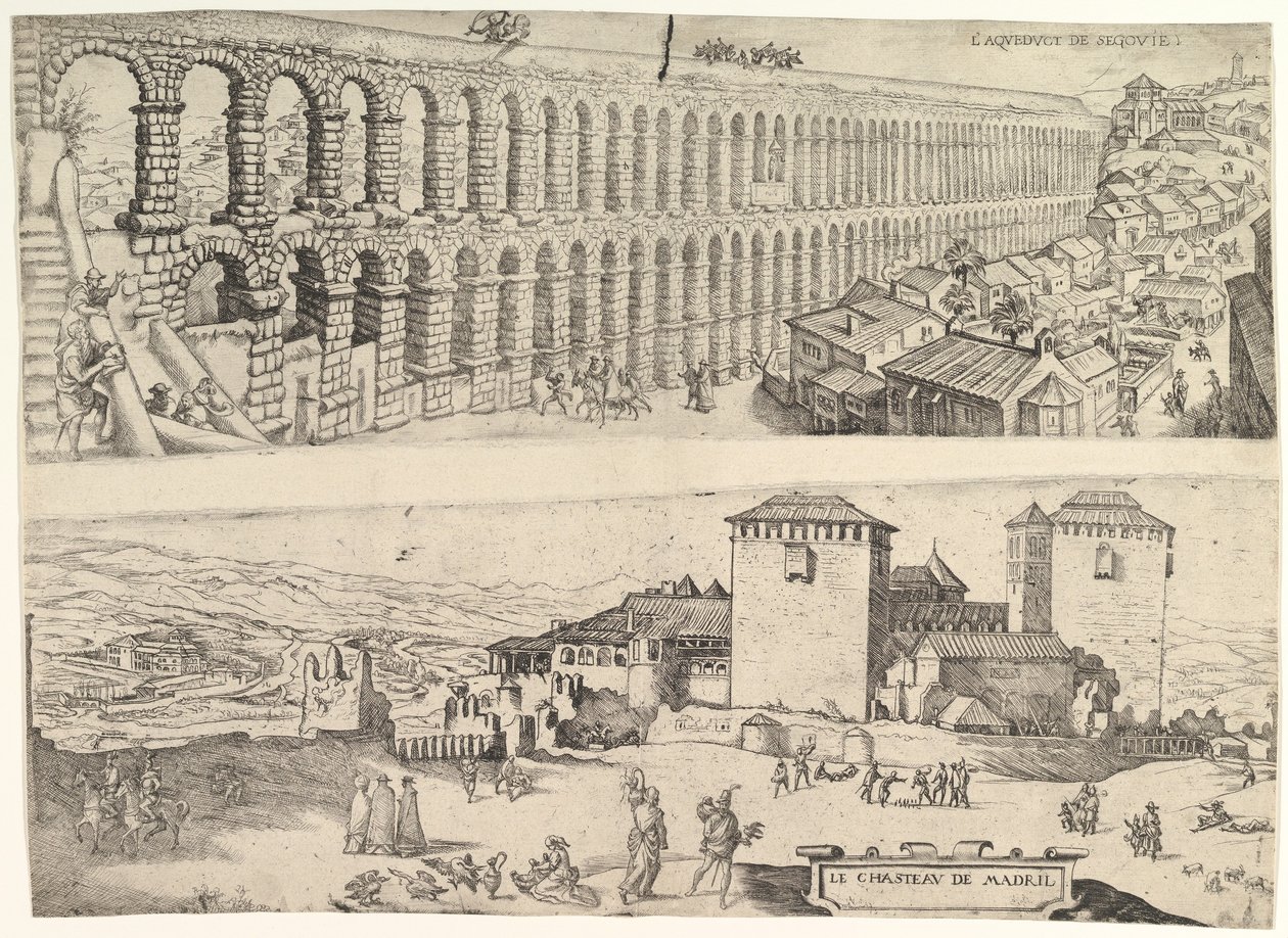 Het aquaduct van Segovia en het kasteel van Madrid door Jan Cornelisz Vermeyen