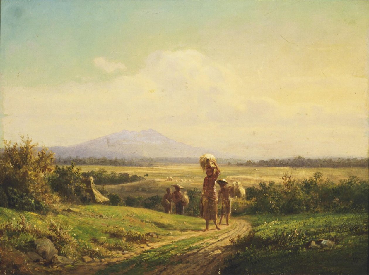 Dutch: Landschap en Javanen na de rijstoogst Javanese landscape after the rice harvest door Jan Daniel Beynon