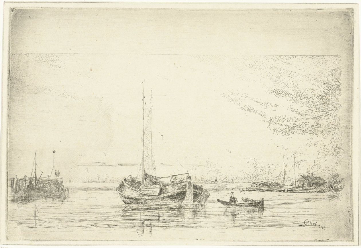 Riviergezicht met schuit en roeiboot door Jan Daniël Cornelis Carel Willem baron de Constant Rebecque