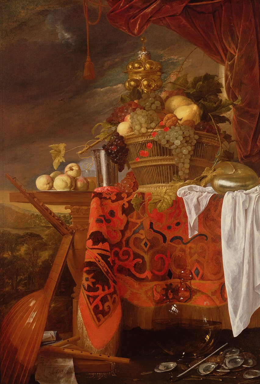 Een mand met gemengd fruit met vergulde beker, zilveren kelk, nautilus, glas en perziken op een bord door Jan Davidsz de Heem