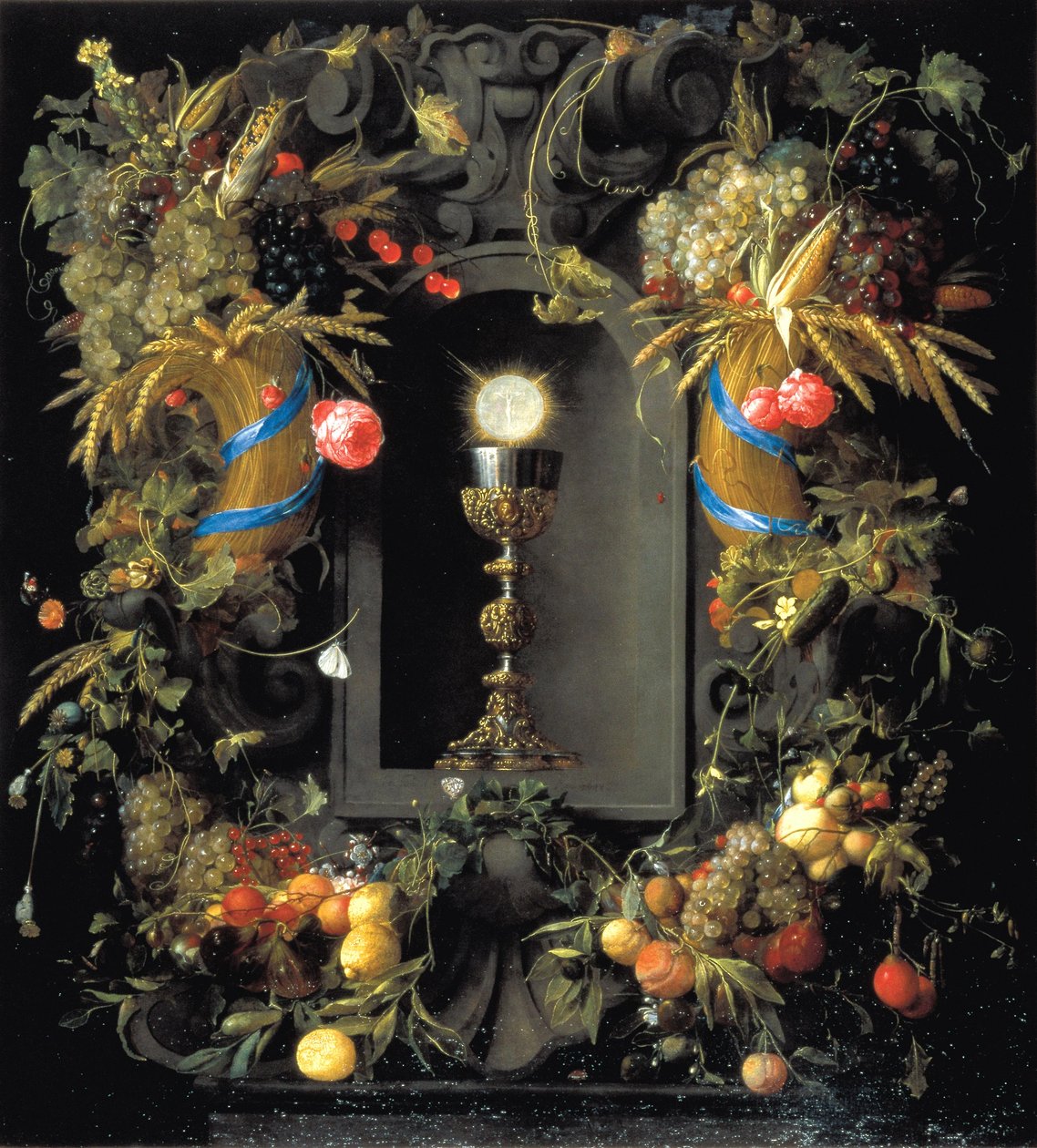 Communiekopje omringd met een krans van fruit door Jan Davidsz. de Heem