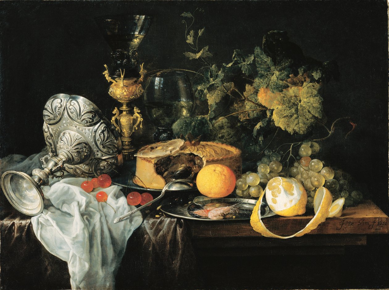 Duits: Prachtig stilleven met vruchten, taart en bekers Weelderig stilleven met vruchten, taart en bekers, 1651 door Jan Davidsz. de Heem