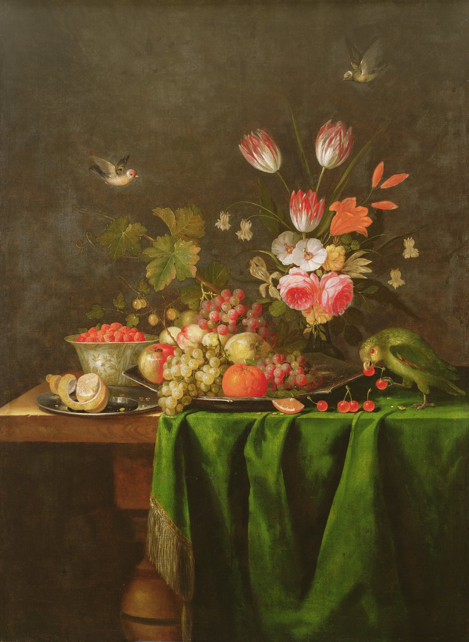 Stilleven van Fruit en Bloemen met een Papegaai op een Tafel bedekt met een Groene Doek door Jan Davidsz de Heem