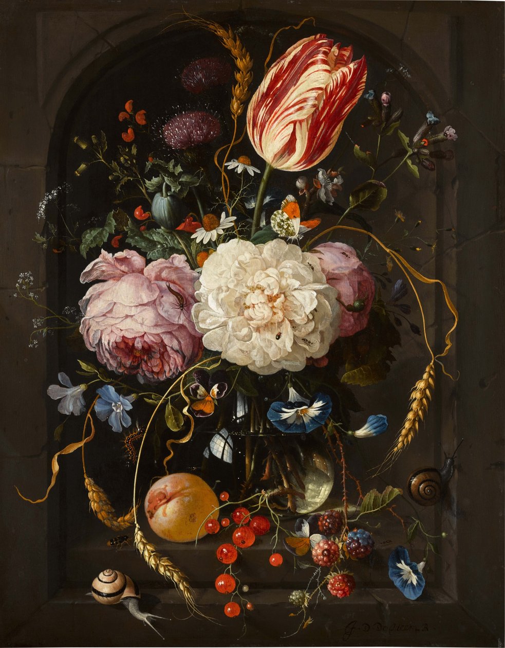 Stilleven van bloemen in een glazen vaas met insecten en vruchten in een stenen nis door Jan Davidsz. de Heem